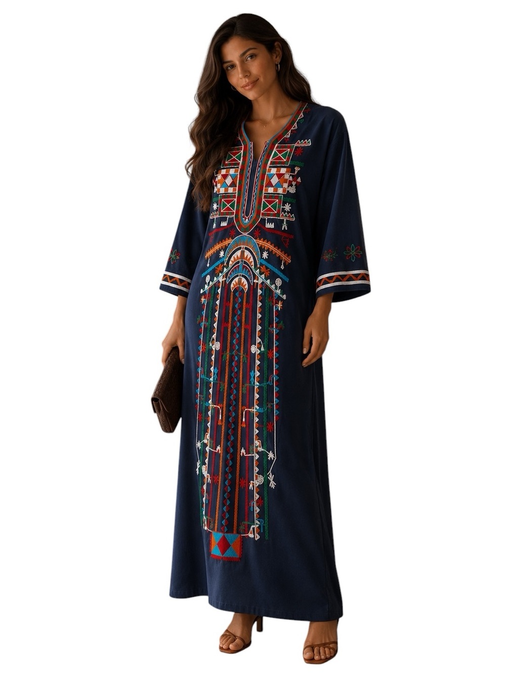 Embroidered Maxi Kaftan Navy Ethnic Abaya Loose Fit Festival Resort Wear